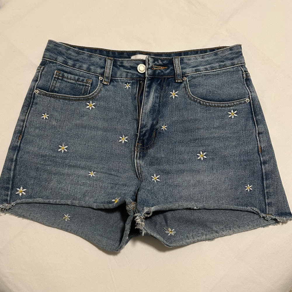 Khaki and Blue floral denim shorts